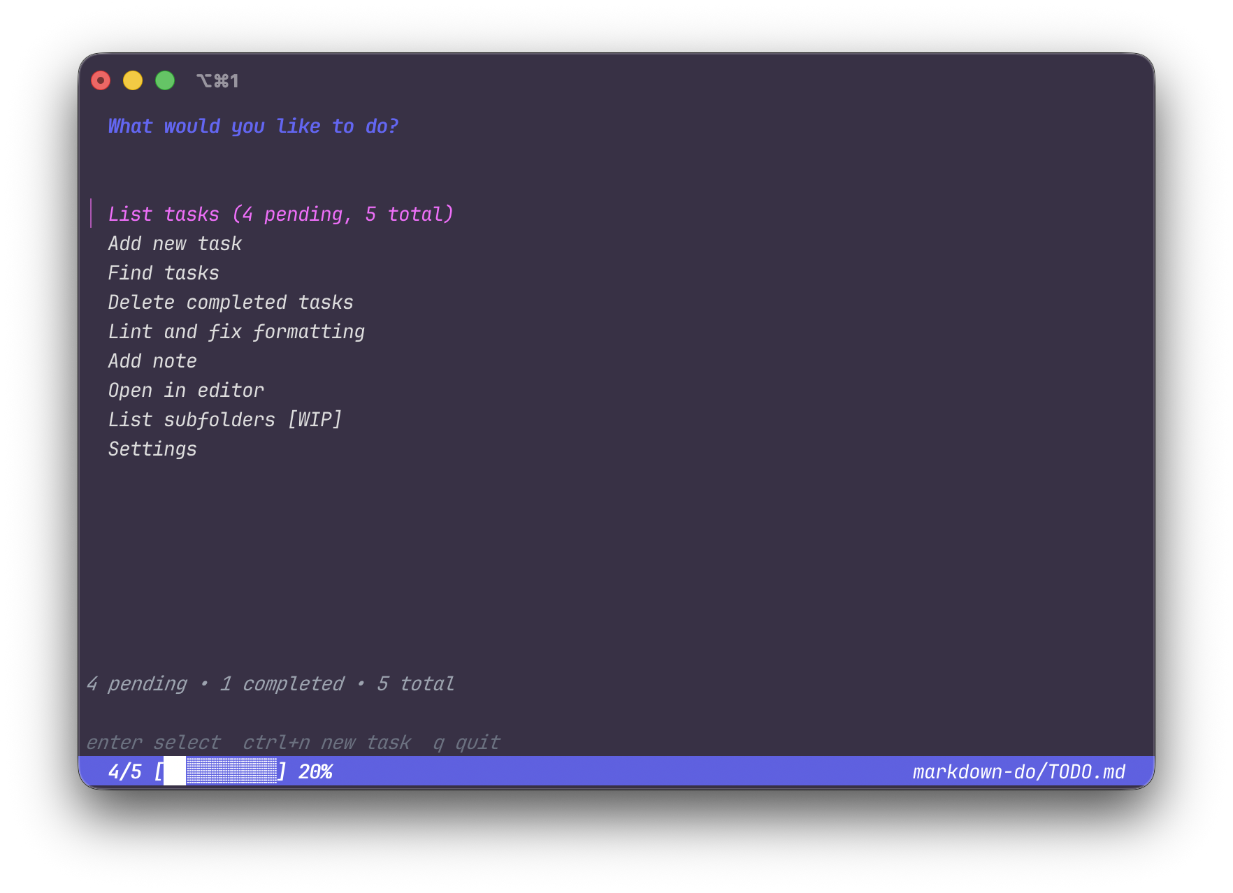 MarkdownDO terminal interface showing a task list with sections for Features, Bugs, and Ideas